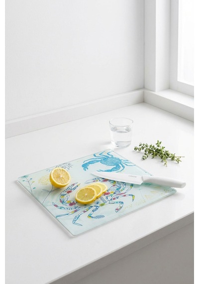 Makri Home Yengeç Desenli Cam, Kesme Tahtası, 25 35 Cm Mavi