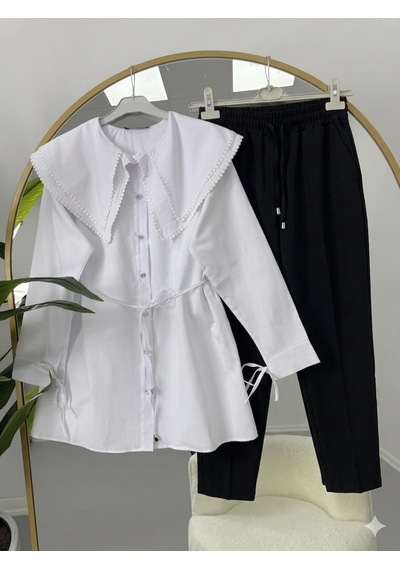 Lovie Moda Vintage Yaka Pantolonlu Takım Beyaz