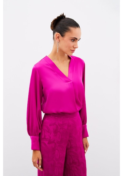 Sateen V Yaka Saten Bluz - Fusya-134905 Fusya Fuşya