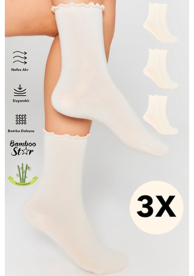 Bamboo Star Bambu Kadın Krem Fırfırlı Lastiksiz Dikişsiz Kadın Soket 3lü Krem Çorap/iz Bırakmaz/ Sıkmayan Çorap