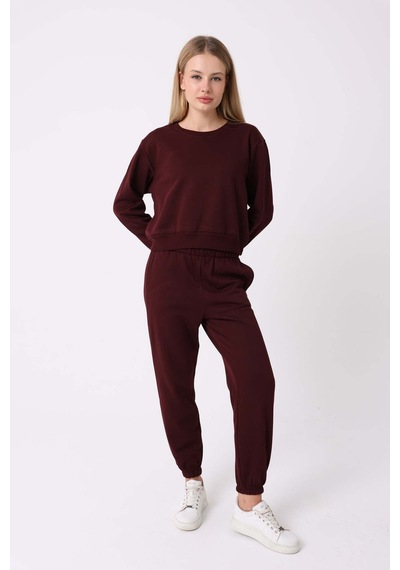 Defys Kadın Bisiklet Yaka Basic Şardonlu Eşofman Takımı Bordo - 932380624 Bordo