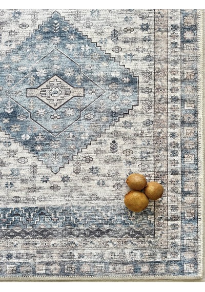 Eskitme Geometrik Madalyon Desenli Lacivert Ve Krem Etnik Halı - Ar859nc Krem - Lacivert