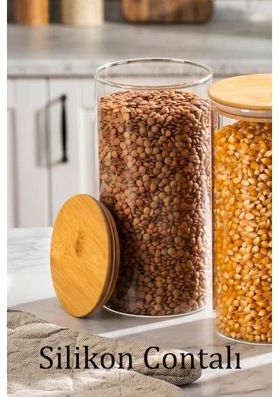 Porsima 2-3 Bambu Vakumlu Kapaklı Yuvarlak Borosilikat Cam 3lü Kavanoz Seti Saklama Kabı 1300ml 10x20cm