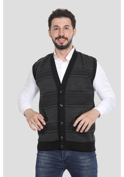 Kzc Tekstil Erkek Baba Orta Yaş Ve Üzeri Triko Örgü Akrilik Kışlık Kalın Dokulu Düğmeli Cepli Baba Yelek Antrasit