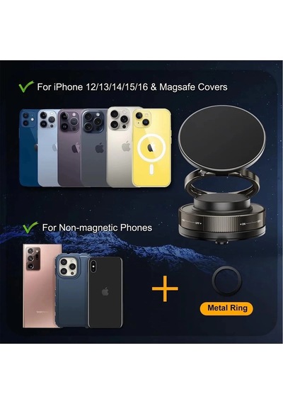 Metalik Magsafe Telefon Tutucu Tüm Yüzeylerle Uyumlu Vakumlu 360 Dönen Oynar Başlık Çok Renkli