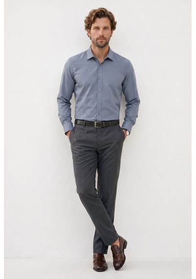 Tudors Modern Slim Fit Uzun Kollu Pamuklu Kolay Ütü Armürlü Gri Erkek Gömlek-49944