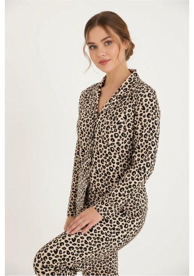 Luxury Soft Bej Leopar Desenli Uzun Kollu Kadın Pijama Takımı 3062 LEOPAR