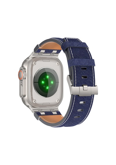 Apple Watch 7 45mm Uyumlu Kordon Kot Kumaş Tasarımlı Krd-153 Gümüş-mavi