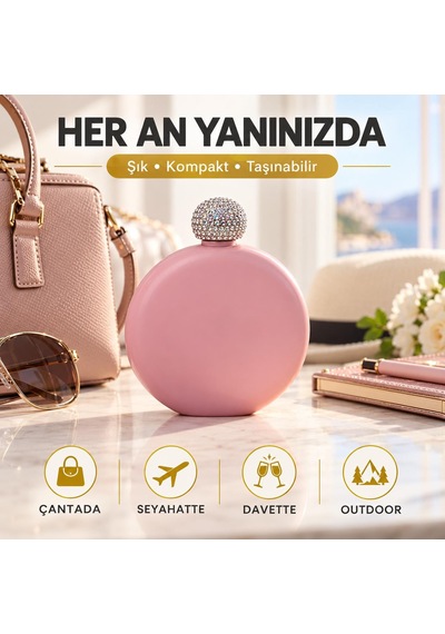 Lüks Taş İşlemeli Renkli Paslanmaz Çelik İçki Matarası 5 Oz 150 Ml. Cep Çanta Kamp Outdoor Hediyelik Pembe