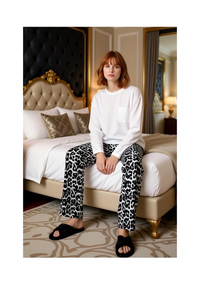 Ersefa Kadın Uzun Kollu Bisiklet Yaka Leopar Desenli Pijama Takımı Fonks Beyaz