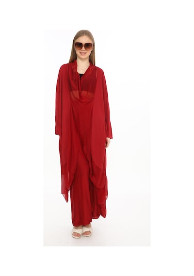 Bohem Stil Italyan Ipek Detaylı Oversize Kap Bluz- Wes Pantolon Takım-8863 Bordo