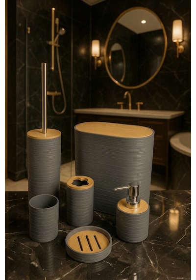 Makri Home 6'lı Banyo Seti, Bambu Kapaklı, Gri, Oval, 8 Litre Gri