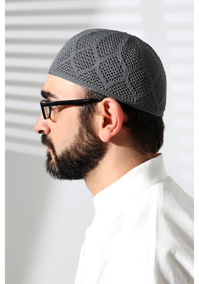 Makine Örgüsü Dantel Detaylı Namaz Takkesi Füme Füme