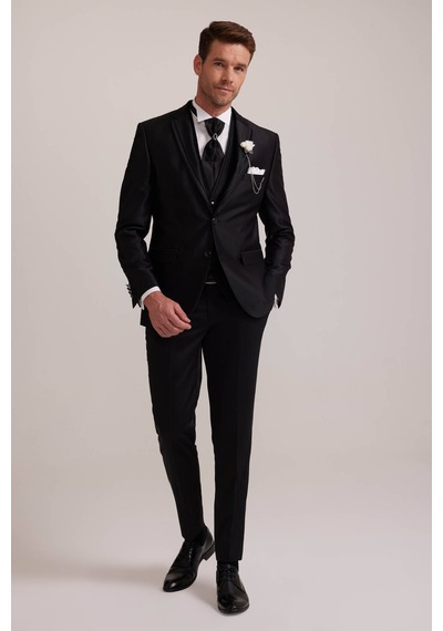Ysf Erkek Siyah Pileli Slim Fit Kırlangıç Yaka Yelekli Damatlık