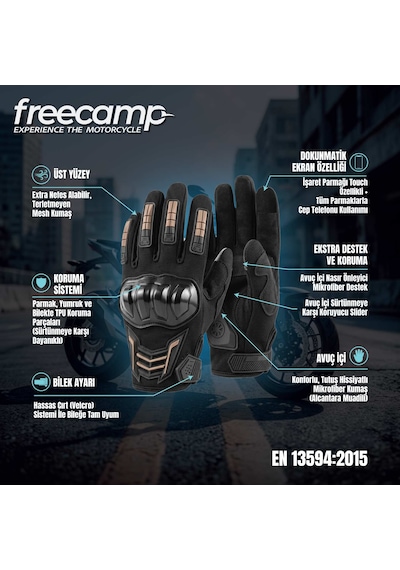 Freecamp Power Tam Parmak Motosiklet Eldiveni-siyah-turuncu