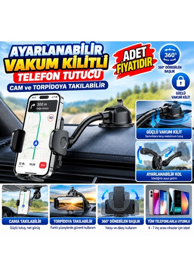 Kahveci.store Ayarlanabilir Vakum Kilitli Cam Ve Torpidoya Takılabilen Telefon Tutucu 22 Standart