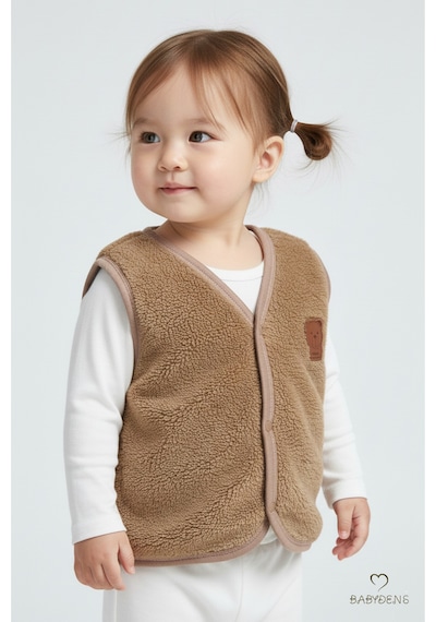 Babyden's Welsoft Kız Bebek Çocuk Çıtçıtlı Yelek Yumuşak Dokulu,ayıcık Armalı,peluş Bebek Yeleği Kahverengi