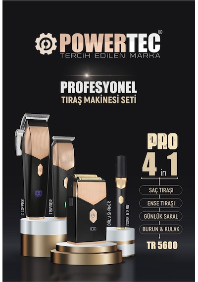 Powertec TR-5600 Pro 4in1 Profesyonel Tıraş Makinesi Seti + Önlük