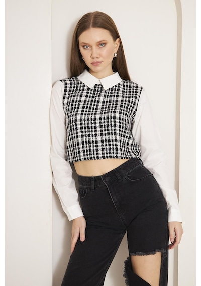 Darlin Moda Siyah Tweed Gömlek Yaka Crop Bluz Dm9002 Siyah