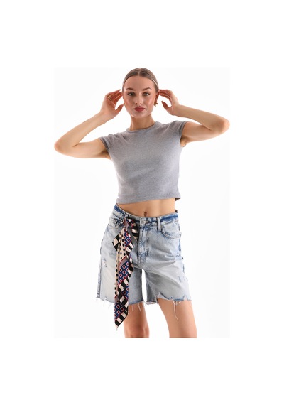 Loısy Kadın Likralı Kısa Kol Crop Bluz Gri
