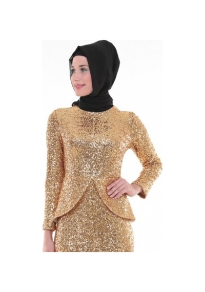 Nidya Moda Peplumlu Dore Payet Elbise-4047D Altın