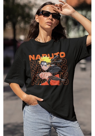 Naruto Uzumaki Baskılı Unisex Oversize Anime Dizi Karakter Tişört Siyah