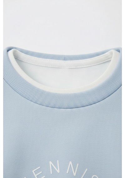 Magu Kız Çocuk Pamuklu Mavi Baskılı T-shirt Ve Şort Takım - Kontrast Şerit Detaylı Mavi