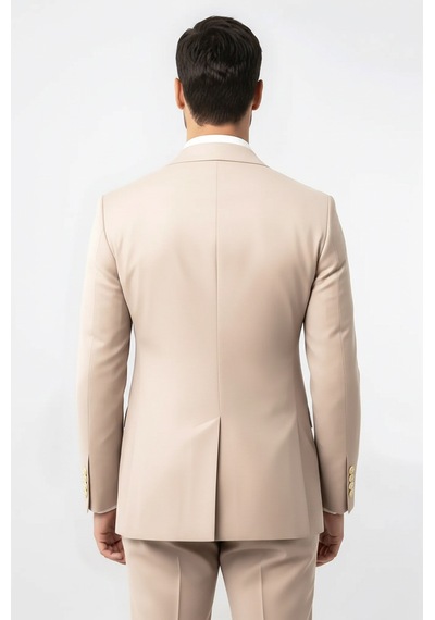 Gümüş Renk Metal Düğmeli Modern Fit Kruvaze Bej Erkek Takım Elbise Wessi Krem