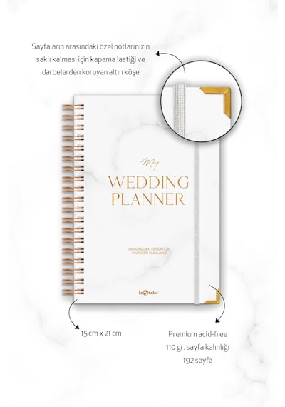 Düğün Planlayıcısı Altın Köşeli  Ajanda Luxury Wedding Planner Altın - Beyaz
