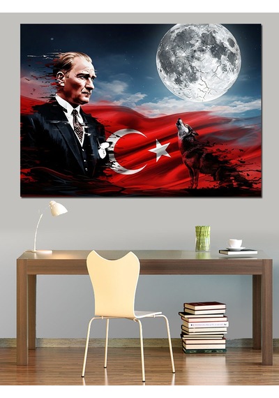 Atatürk Ve Ay Yıldızlı Bayrak Dekoratif Kanvas - Mdf Ahşap Tablo