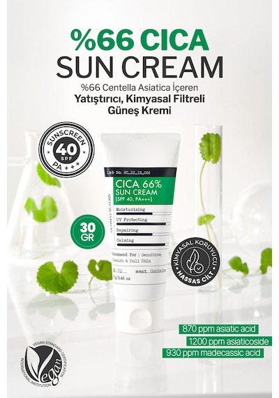 Derma Factory %66 Centella Asiatica İçeren Yatıştırıcı Güneş Kremi Derma Factory Cica Sun Cream sp40 pa+++ 30gr