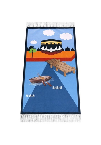 Dijital Baskılı Çocuk Seccadesi - Kayıklı Kabeli Mavi Renk - 44 X 78 cm
