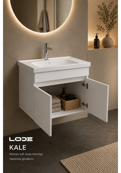 Lode Bath Kale Beyaz Demonte Lavabolu Alt Banyo Dolabı, Seramik Lavabo Dahil 70 Cm
