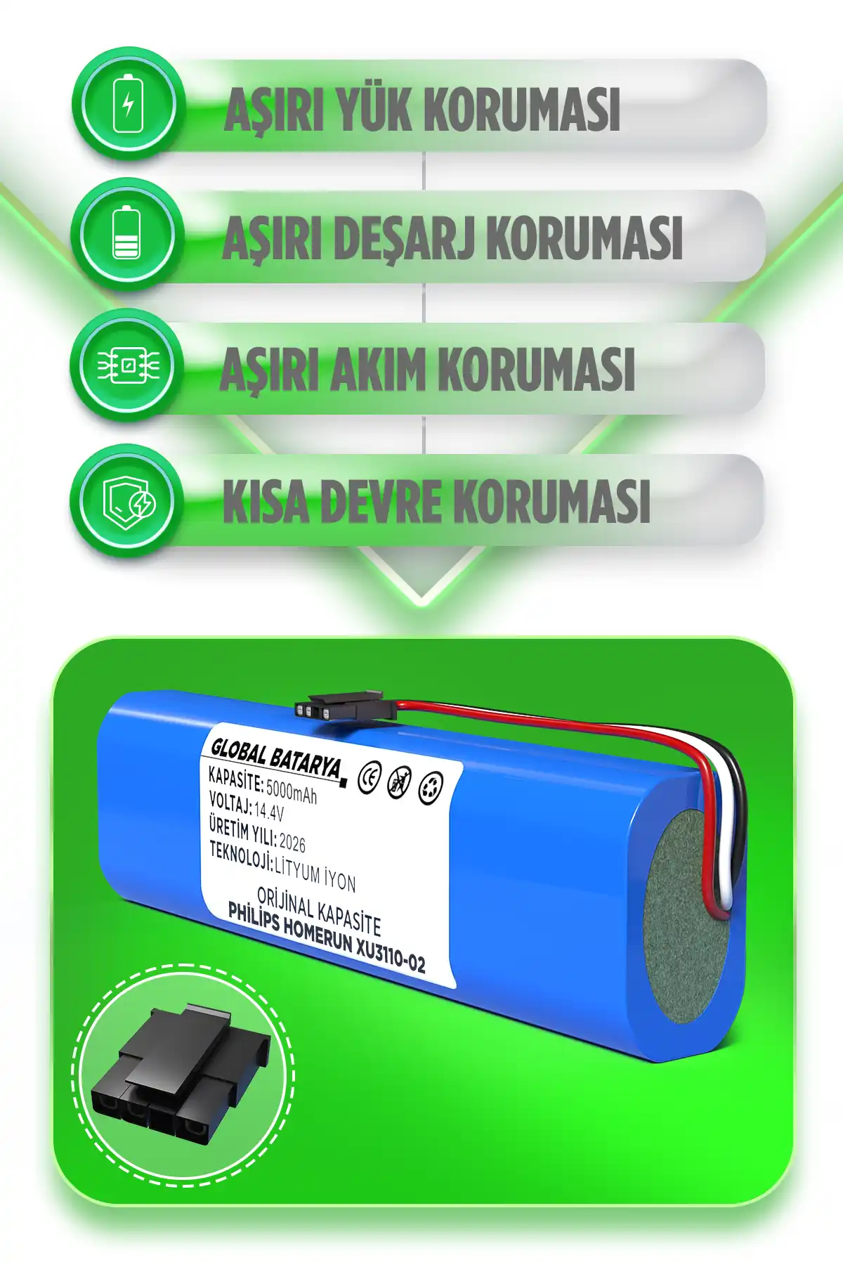 Philips Homerun 3000 Serisi Aqua Xu3110-02 Uyumlu Batarya 14.4v 5000mah Pil  Kapasite