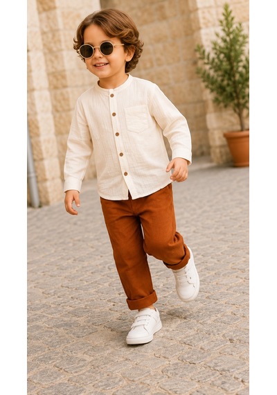 Nota Kids Müslin Çocuk Takım %100 Pamuk Yazlık İkili Takım Bej Düğmeli Gömlek Ve Pantolon Kahverengi Nota Kids Müslin Çocuk Takım %100 Pamuk Yazlık İkili Takım Bej Düğmeli Gömlek Ve Pantolon Kahverengi