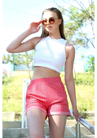 İbrahim Burak Etiler Collectıon Moda Çizgi Şort Crop Kırmızı Takım 26550