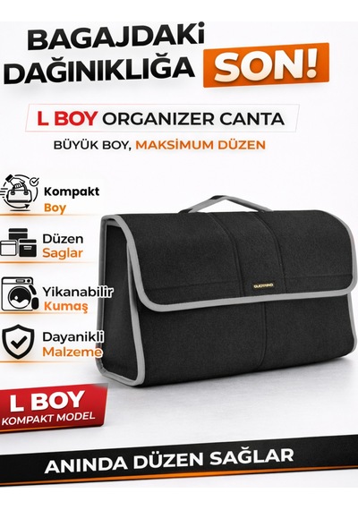 Oto Bagaj Organizer Bagaj Çantası L Boy Kaymaz Cırt Bantlı Velur Kompakt - Siyah Gri