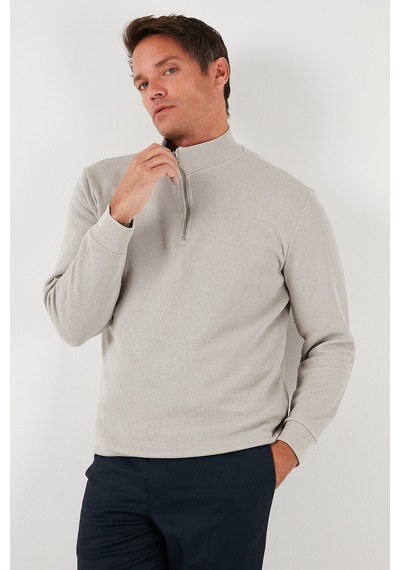 Buratti Pamuklu Relaxed Fit Yarım Fermuarlı Sıfır Yaka Örme Erkek Sweat 5901076 Taş