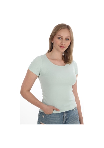 Monox Kadın Fitilli Likralı Pamuk Basic Tshirt Yeşil