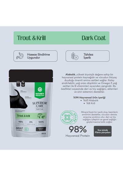 Nature S Protection Superior Care Koyu Tüylü Köpekler İçin Alabalıklı & Krilli Sos İçinde Yaş Köpek Maması 85g