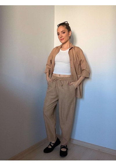 Ali Butik Kahverengi Keten Gömlek Pantolon Takım Kahve