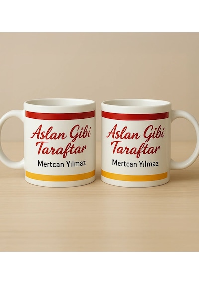Bk Gift Kişiye Özel Sarı Kırmızı Aslan Gibi Taraftar Tasarımlı 2li Beyaz Kupa Bardak-1, Taraftar Hediyesi, Doğum Günü Hediyesi, Arkadaşa Hediye Kobitm