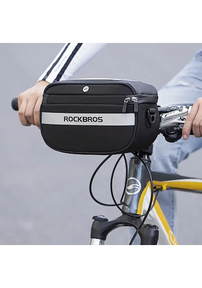 Rockbros 4,5l Dokunmatik Telefon Bölmeli Bisiklet Gidon Çantası 3 Noktalı Sarsıntı Önleyici Su Geçirmez Reflektörlü Siyah