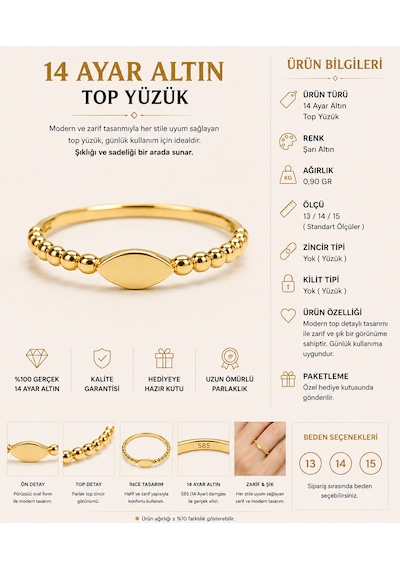 14 Ayar Altın Mekik Plakalı Dorika Bilyalı Minimal Kadın Yüzük