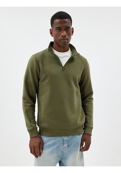 Koton Yarım Fermuarlı Yaka Sweatshirt Uzun Kollu Pamuk Karışımlı Haki 5wam70002mk Haki