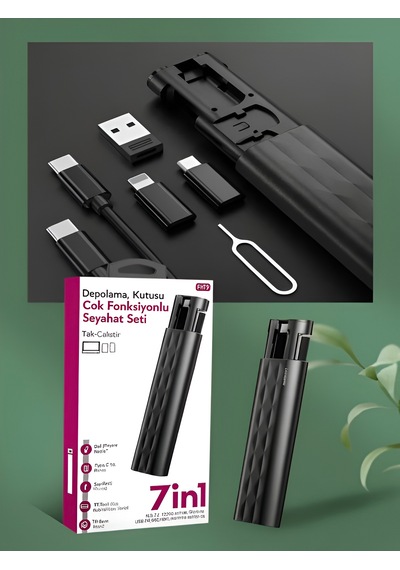 7 İn 1 Çok İşlevli Type-c Usb Micro Lightning Dönüştürücü Seyahat Seti Apple Uyumlu iPhone Android Pc Siyah
