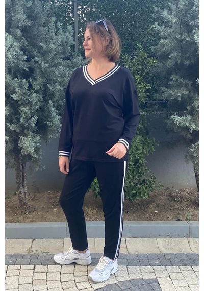 Mia Butik Büyük Beden Siyah V Yaka Eşortman Takım Siyah