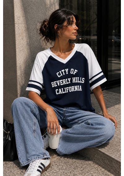 Bbbutikbasic Baskılı Oversize V Yaka Salaş Tişört My3535 Lacivert