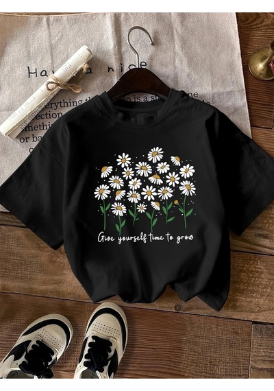 Flood Of Style Kadın Siyah Papatya Bahçesi Baskılı Oversize