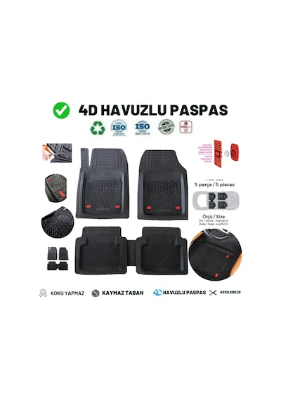 Tempra 1995 Uyumlu 4 Cm Derin Havuzlu 5 Parça Set 3d Paspas Takımı Siyah